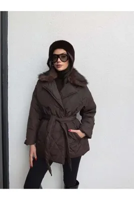 ESRAHELVACI Baklava Desen Yaka Kürklü Şişme Mont