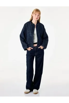 Koton Pamuklu Dik Yaka Cepli Uzun Kollu Taşlı Denim Ceket