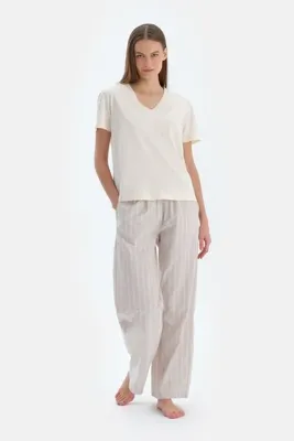 Dagi Ekru V Yaka Dokuma Pantolonlu Pijama Takımı