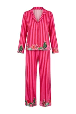 TRENDYOLMİLLA Pembe %100 Pamuk Yılbaşı Temalı Çizgili Örme Pijama Takımı THMAW27PT00201