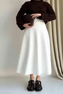 greymoda BEYAZ Kadın Scuba Kumaş Puf Kloş Tesettür ve Günlük Etek BOY:94-95CM
