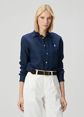 Polo Ralph Lauren Mavi Logo Nakışlı Keten Gömlek