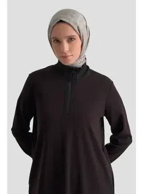 Armine Trend Yarım Fermuarlı Dik Yaka Uzun Kollu Rahat Kesim Basic Uzun Tunik 107 Cm Boy Siyah 26KT456