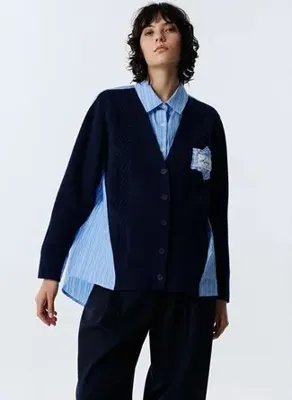 Twist TW6260025162 Mavi Kadın Çizgili Oversize Triko Gömlek