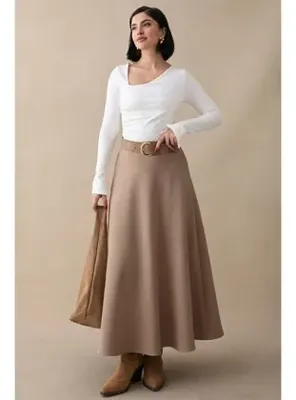 InStyle Kloş Beli Lastikli Scuba Koyu Bej Etek