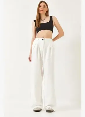 Shade Kadın Geniş Paça Maskülen Dokuma Pantolon 60271019 - Beyaz
