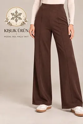 Enha Wear Kadın Füme Kışlık İçi Polarlı Önü Nervürlü Geniş Kalıp Bol Paça Modal Kumaş Yüksek Bel Toparlayıcı Pantolon Tayt