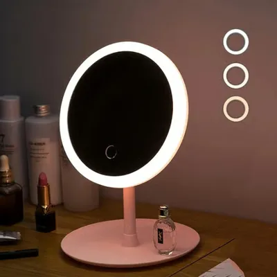 monozone Dokunmatik LED Işıklı USB Li Yuvarlak Makyaj Aynası Pembe Masa Üstü