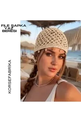 korsefabrika trend mood store Kadın Bohem Stil Yazlık Delikli Bere Şapka Tasarımlı El Örgüsü Yerli Boncuklu File Aksesuar