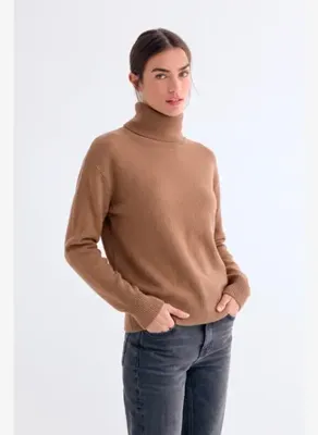 Silk and Cashmere Camel Isabella Saf Kaşmir Boğazlı Kazak