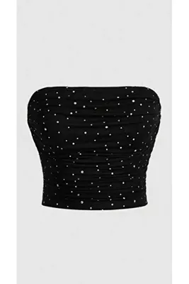 auraandmore DRAPLELİ TAŞ DETAYLI STRAPLEZ DIAMOND CROP BLUZ