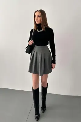 Elbee Fashion Woman Gri Pilikaşe Mini Etek