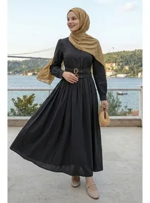 InStyle Çift Toka Kemerli Siyah Elbise