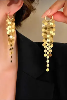 invictus design Kadın Gold Zincir Küpe Sallantılı Halka Pullu Işıltılı Uzun Sarkıntılı Payetli Abiye Trend Küpe