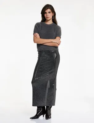 Koton Slim Fit Yırtmaç Detaylı Yarı Transparan Midi Pullu Payetli Etek
