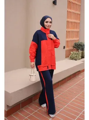 İmaj Butik Kırmızı Lacivert Garnili Tunik Pantolonlu Modal Takım
