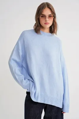 Mixray 6913 Kadın Salaş Yumuşak Dokulu Oversize Triko Kazak Bebe Mavi