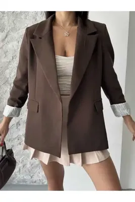 Moda İkra Kadın astarlı blazer ceket kol içi çizgili katlama detaylı