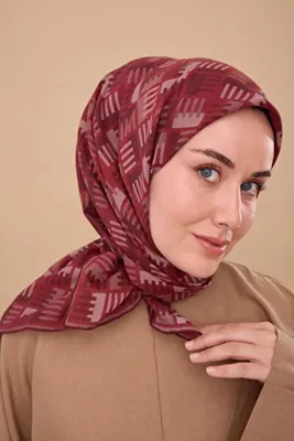 Silk Home Geometrik Desen Eşarp - Bordo, Koyu Kırmızı, Vizon