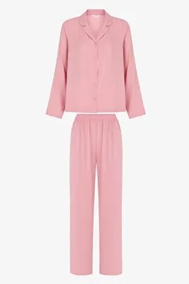 Penti Pembe Aurora Saten Çıtır Çiçek Desenli Uzun Kollu Gömlek Pantolon Pijama Takımı
