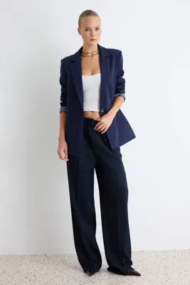 TRENDYOLMİLLA Lacivert Regular Gri Geometrik Desenli Astarlı Tek Düğmeli Cepli Dokuma Blazer Ceket TWOAW20CE0316