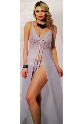 wMc collection Beyaz Uzun Önden Derin Yırtmaçlı Fiyonklu Güpür Dantelli Fantezi Tül Gecelik
