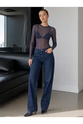 peralist Kadın Lacivert Tül Bisiklet Yaka Uzun Kollu Çıtçıtlı Bady Suit Bluz