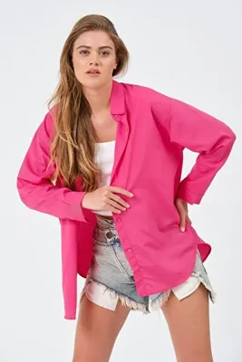 modazoom Kadın Fuşya Oversize Uzun Basic Gömlek