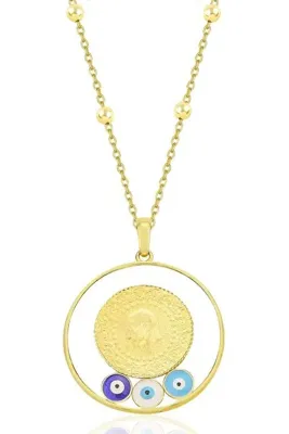 Söğütlü Silver Gümüş altın yaldızlı top top zincirli nazarlı,çerçeveli, çeyrekli kolye SGTL12295GOLD
