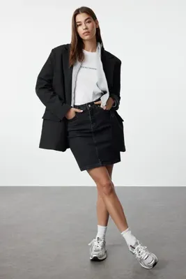 TRENDYOLMİLLA Siyah Yüksek Bel Mini Comfort/Esnek Denim Etek TWOSS20ET0241