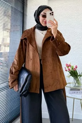 MELEK ARAZ Premıum Dik Yaka Düğme Detaylı Nubuk Ceket - Taba