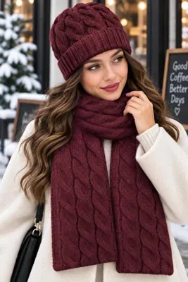 Wearflawless Kadın Yün 2'li Takım Kışlık Şık Örme Bere ve Atkı Takımı, İkili Atkı Ve Bere Seti, Kadınlar için Hediye