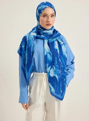 Tuva Kraşlı Mavi Soyut Desenli Şal - Tuva