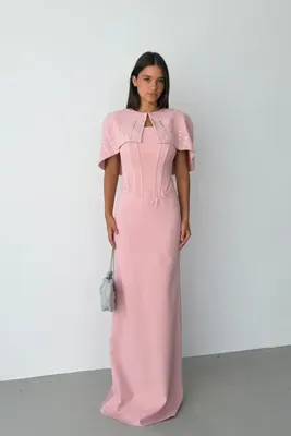 Serica Moda Pudra Bolerolu Taş İşlemeli Balenli Uzun Abiye Elbise