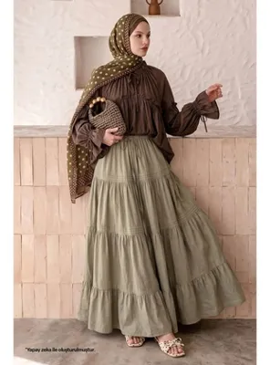 InStyle Büzgü Bağcıklı Açık Haki Etek