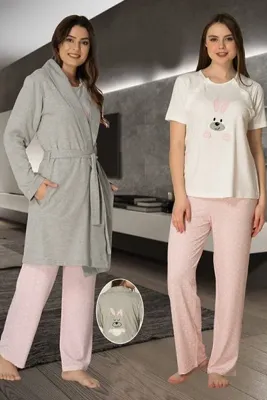 Effortt Tavşan Desenli Sabahlıklı Pembe Lohusa Pijama Takımı