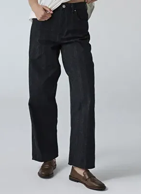 İpekyol Siyah Kadın Bol Kesim Çizgili Denim Pantolon IW6260018032001