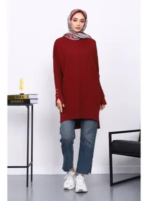 İmaj Butik Bordo Önü Kısa Arkası Uzun Triko Tunik
