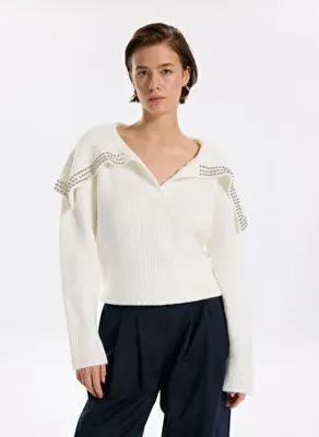 Fabrika Ekru Kadın V Relaxed Fitilli Kazak F5WL-KZK0301