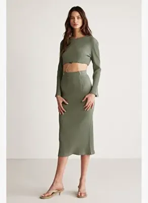 ETHIQUET LAUREN Kadın Slim Fit Fermuar Detaylı Midi Haki Etek 