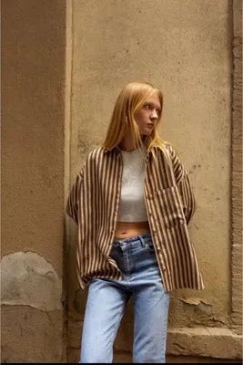 Fast Perry camel laci çizgili oversize gömlek
