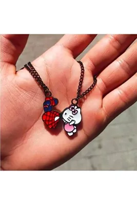 Corvus kolye&bileklik Mıknatıslı Hello Kitty ve Spider Man Siyah Zincir Çift Kolye