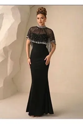 greymoda PELERİNLİ İNCİ DETAYLI ABİYE ELBİSE