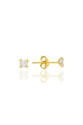 Söğütlü Silver Gümüş zirkon taşlı, altın yaldızlı, kare (Prenses) kesim 3 mm tektaş küpe SGTL12741GOLD