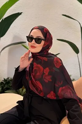 poplin BORDO ÇİÇEKLİ PREMİUM ŞAL