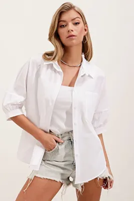 Bigdart 20213 Oversize Kısa Kol Basic Gömlek - Beyaz
