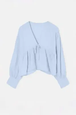 Drop by TrendyolMilla Mavi V Yakalı Robadan Etekli Bluz TDRSS26BZ00083