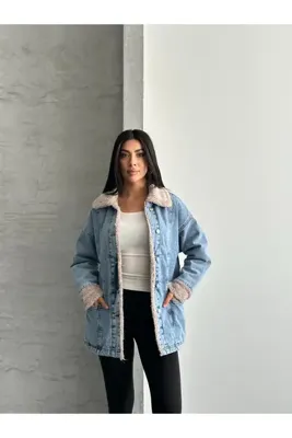 SOLİS MODA Kadın Mavi Denim Detaylı Peluş Ceket Mont
