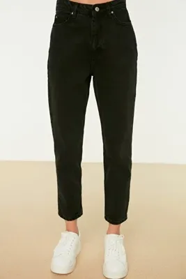 LİMABEL Yüksek Bel Siyah Mom Kot Pantolon Likralı Solmaz Siyah Ekstra Rahat Mom Jeans
