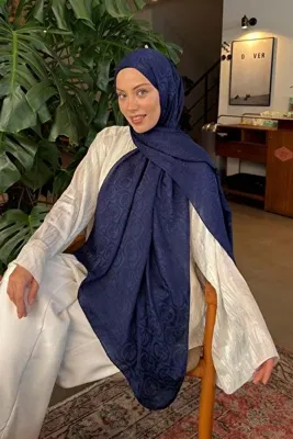 lamelif GG Desen Ayrobin Floş Jakar Şal Gece Mavisi